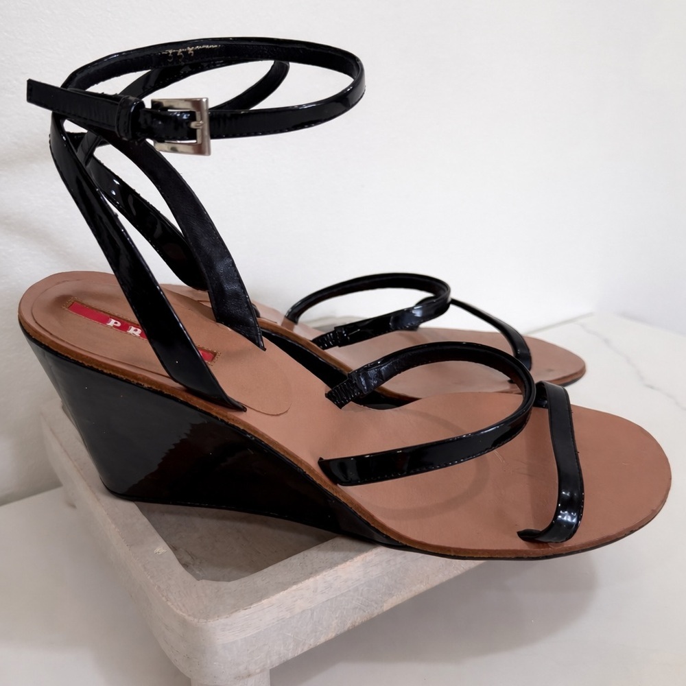 Prada Sport Women’s Vintage Black Strappy Wedge Sandals Black Size 36.5 - Picture 10 of 15